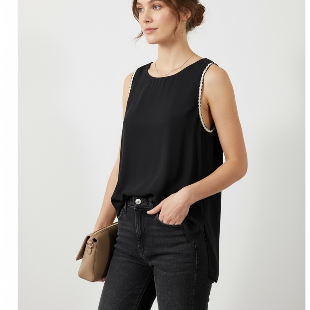 Parker Silk Embroidered Trim Sleeveless Shell Top Black Scoop Neck Blouse Medium